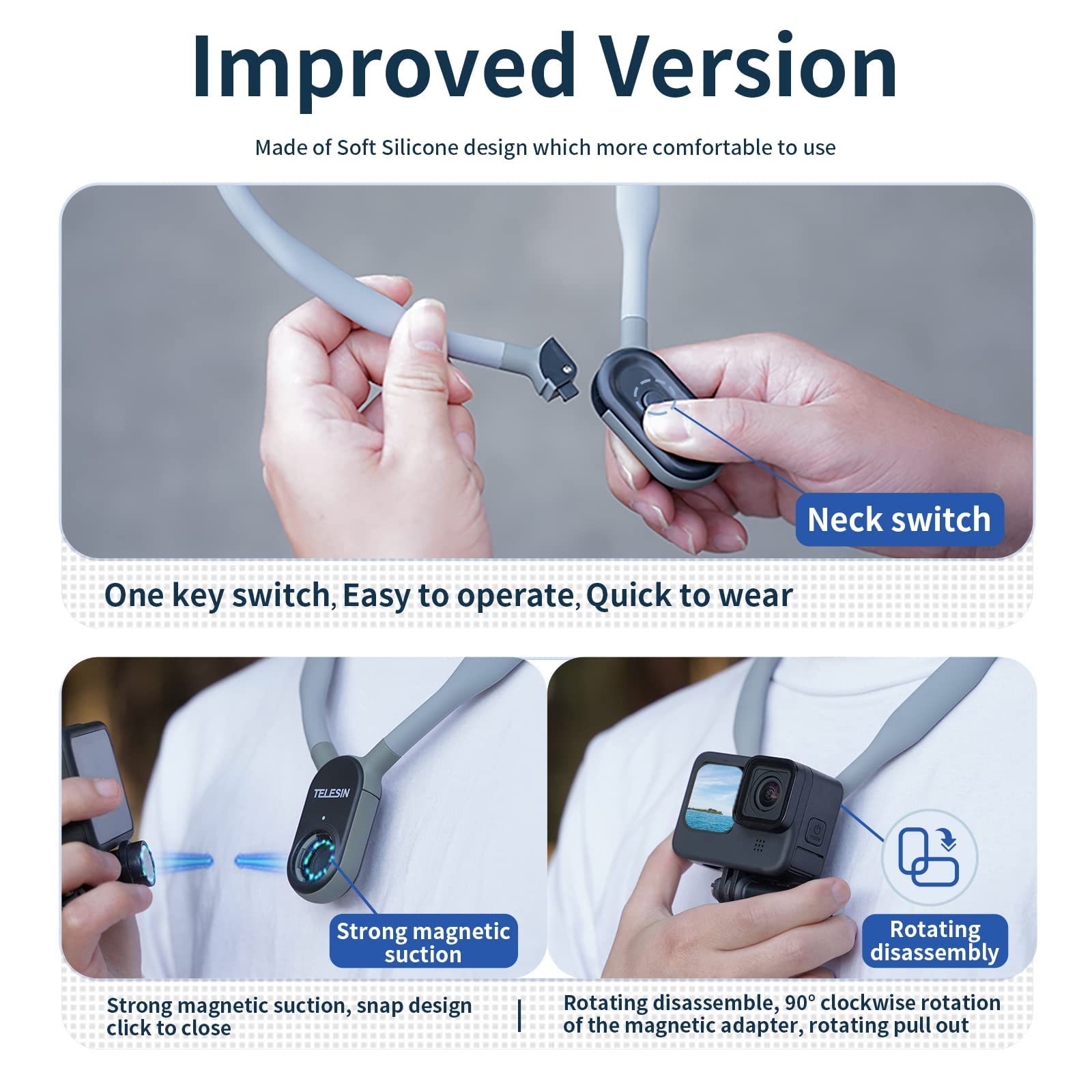 Telesin Magnetic Neck Mount Kit With Phone Clip Vertical Adapter, Pov Selfie Necklace Holder Lanyard Strap For Dji Osmo Action 5 Pro Gopro 13 12 11 10 9 8 Insta360 X3 Go3 Ace Pro Action 3 4 Pocket